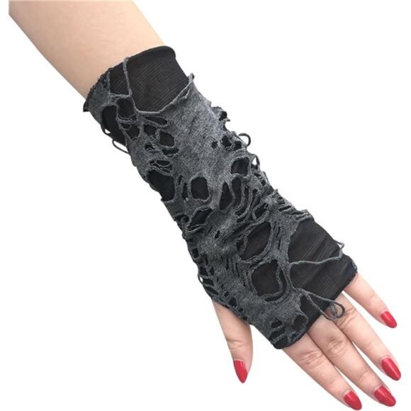 Women's Punk Fingerless Gloves Arm Warmers Black Ripped Gothic Gloves - Picture 6 of 7